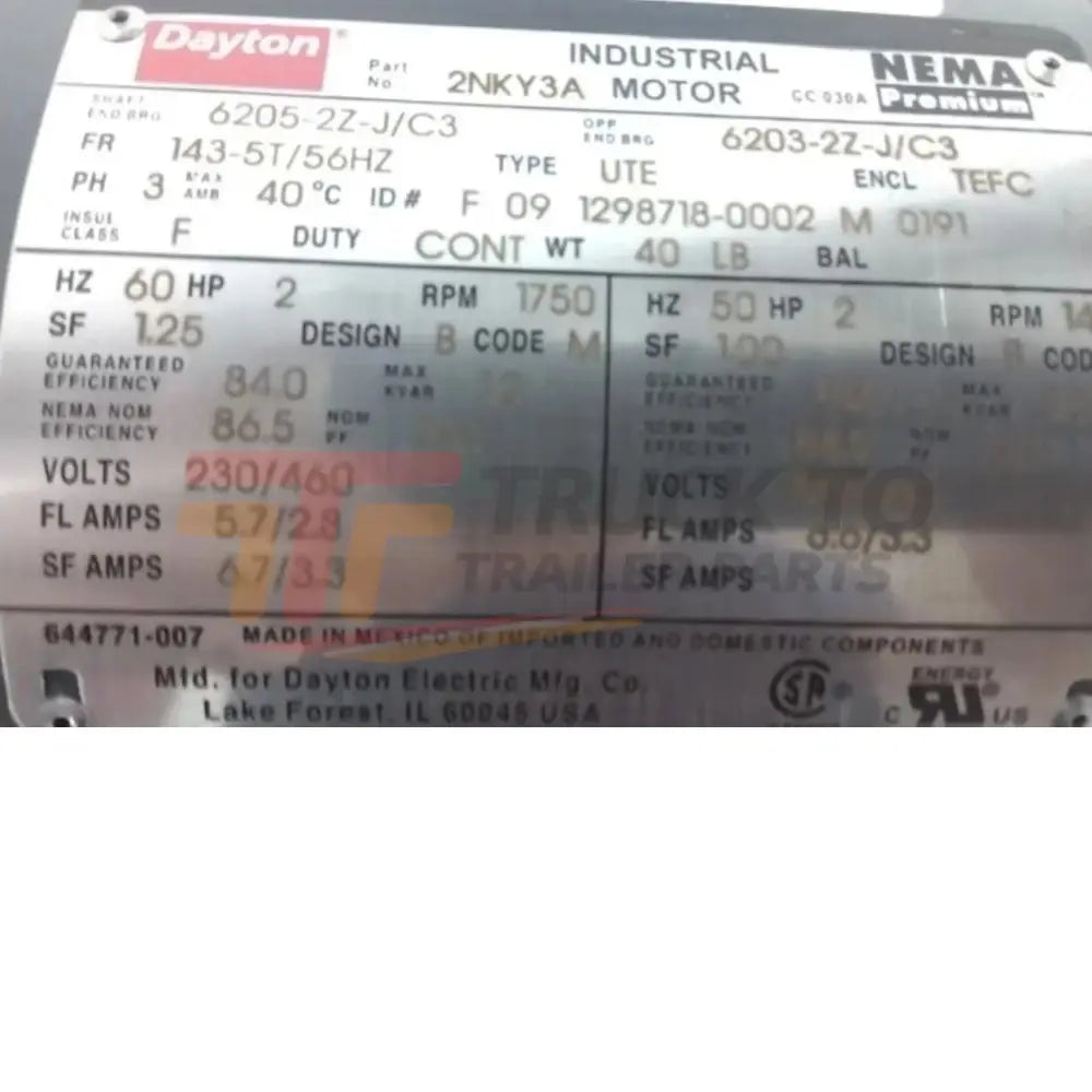 2NKY3A Dayton General Purpose Motor 2 HP 1750 RPM 230/460VAC 3-Phase - Truck To Trailer