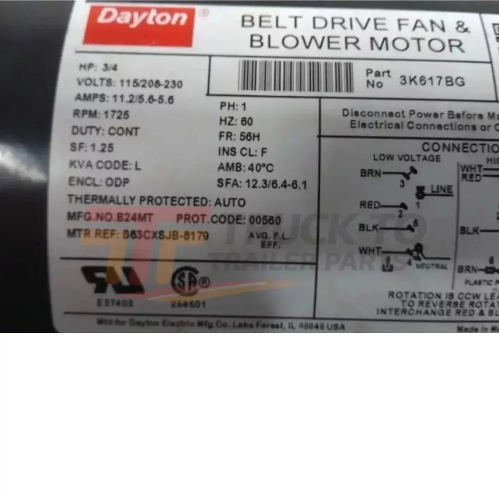 3K617BG Dayton Split-Phase Belt Drive Motor 3/4 HP 1725 RPM 115/208-230VAC - Truck To Trailer