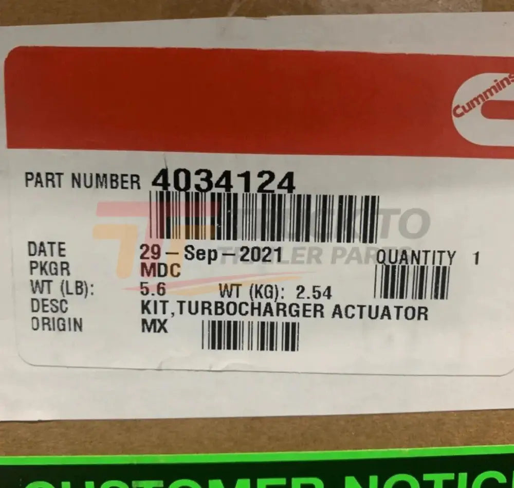 4034124 Genuine Cummins Turbocharger Electronic Actuator Kit - Truck To Trailer