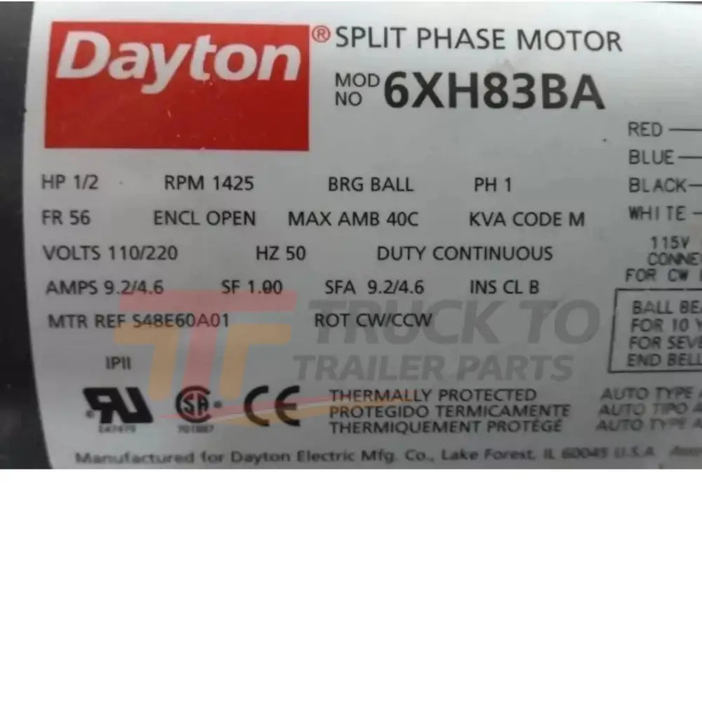 6XH83BA Dayton 50 Hz Motor 1/2 HP 1425 RPM 110/220VAC - Truck To Trailer