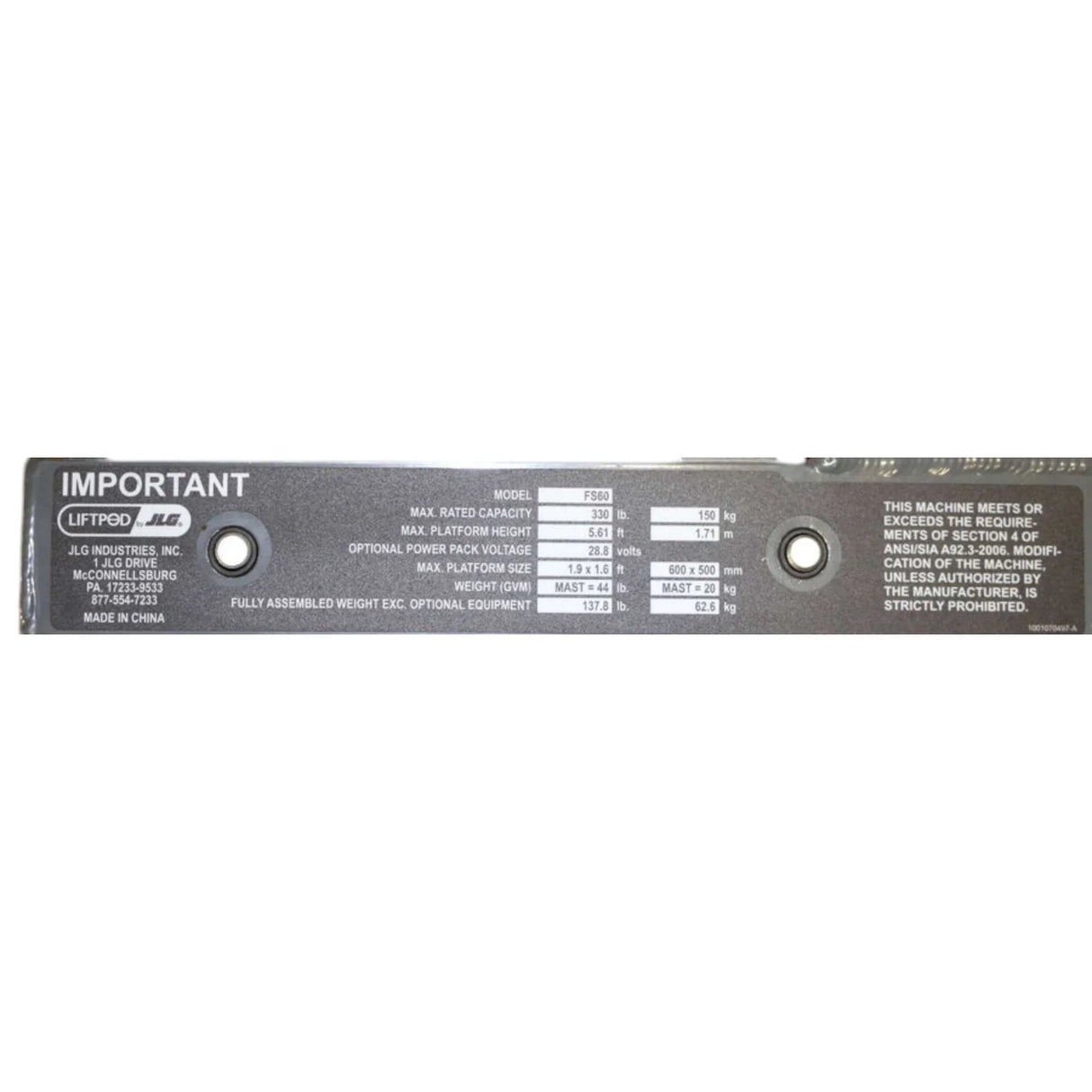1001071419 JLG Assy Fs60 Mast/Carriage - Truck To Trailer