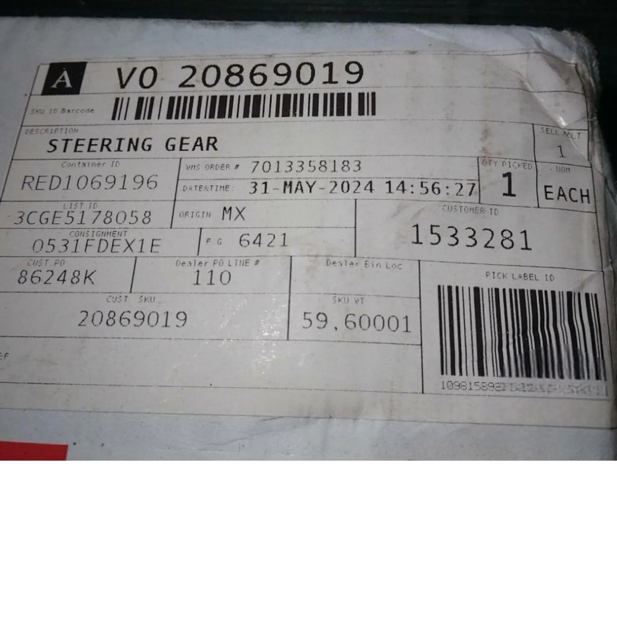 20869019 Genuine Mack Steering Gear - Truck To Trailer