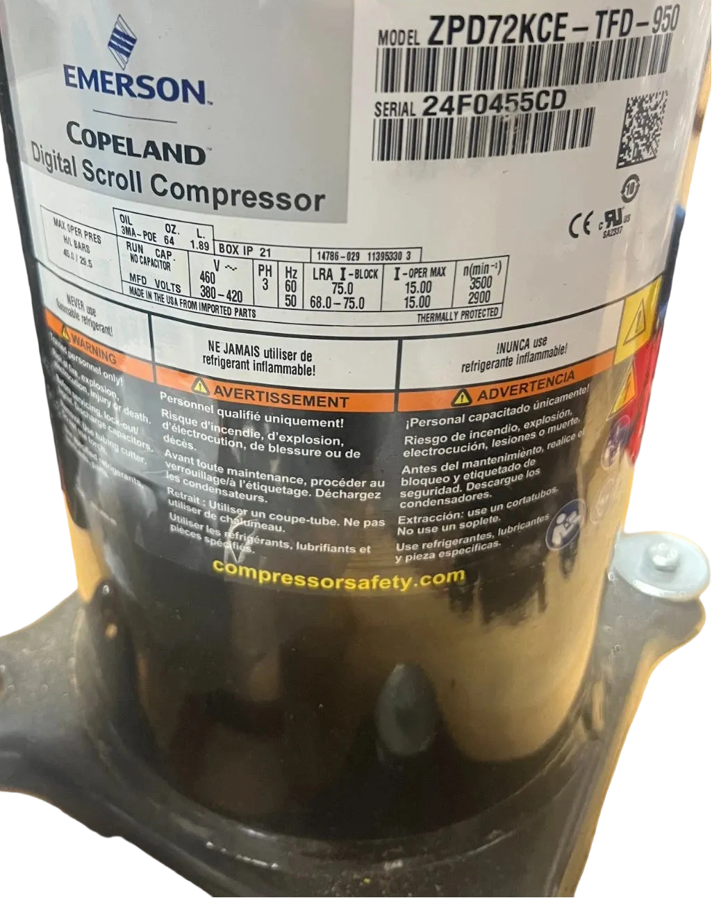 ZPD72KCE-TFD-950 Genuine Copeland Scroll Compressor