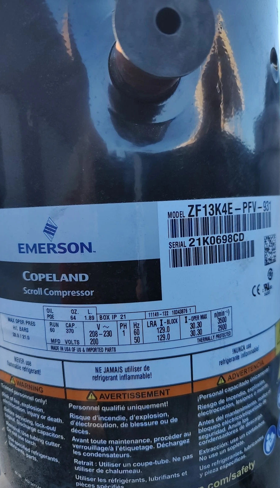ZF13K4E-PFV-931 Genuine Copeland Scroll Compressor
