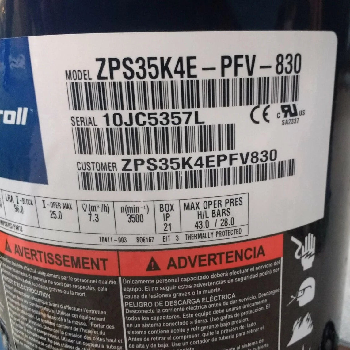 ZPS35K4E-PFV-830 Genuine Copeland Scroll Compressor