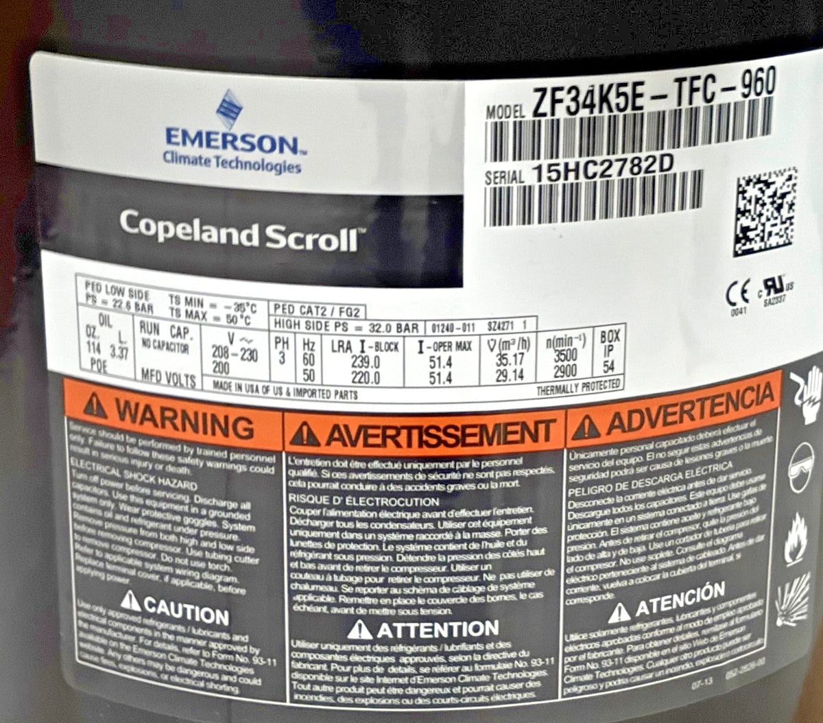 ZF34K5ETFC960 Genuine Copeland Scroll Compressor