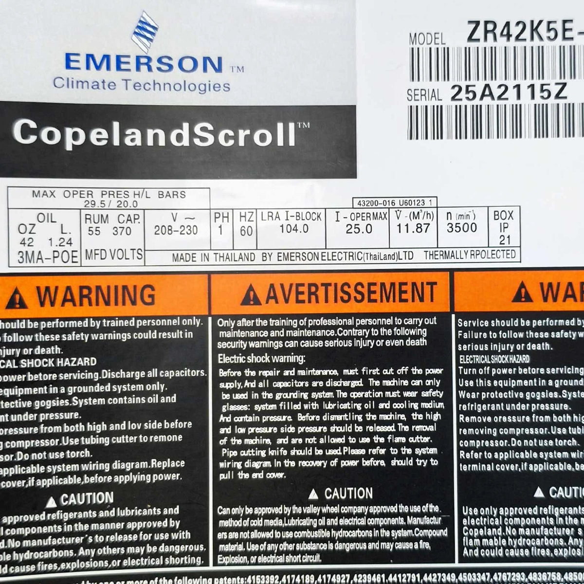 ZR42K5E-PFV-130 Genuine Copeland Scroll Compressor