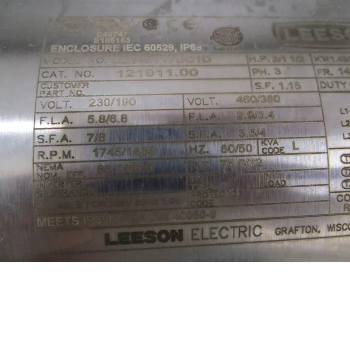 121911.00 Leeson Washdown Motor - Truck To Trailer