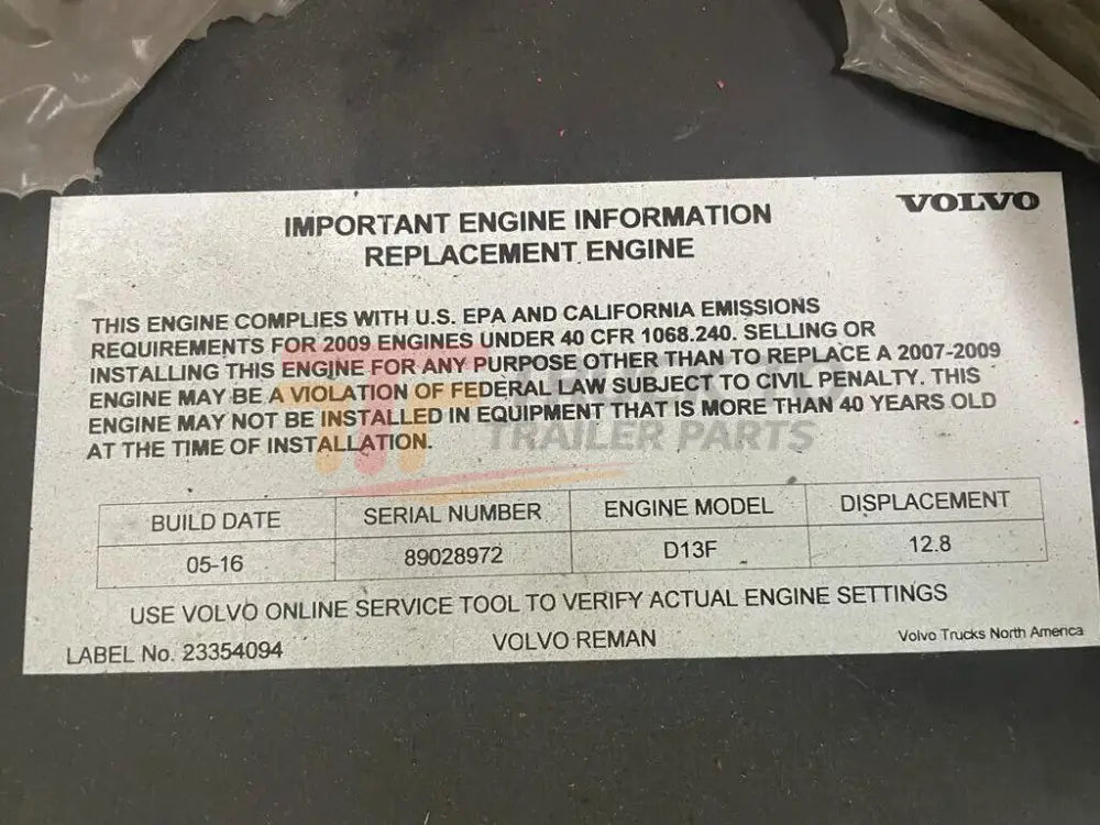 Volvo D13F EPA 07 MP8 2016 Engine Assembly - Truck To Trailer
