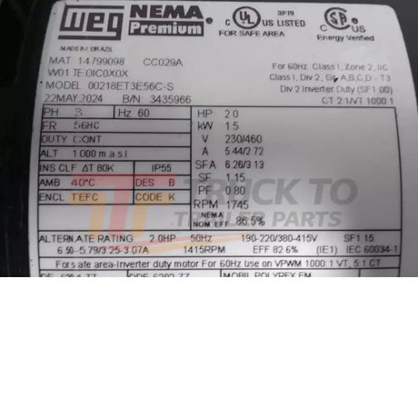 00218ET3E56C-S Weg General Purpose Motor 2 HP 1745 RPM 230/460VAC 3-Phase - Truck To Trailer