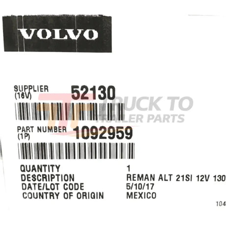 1092959 Genuine Volvo Alternator - Truck To Trailer