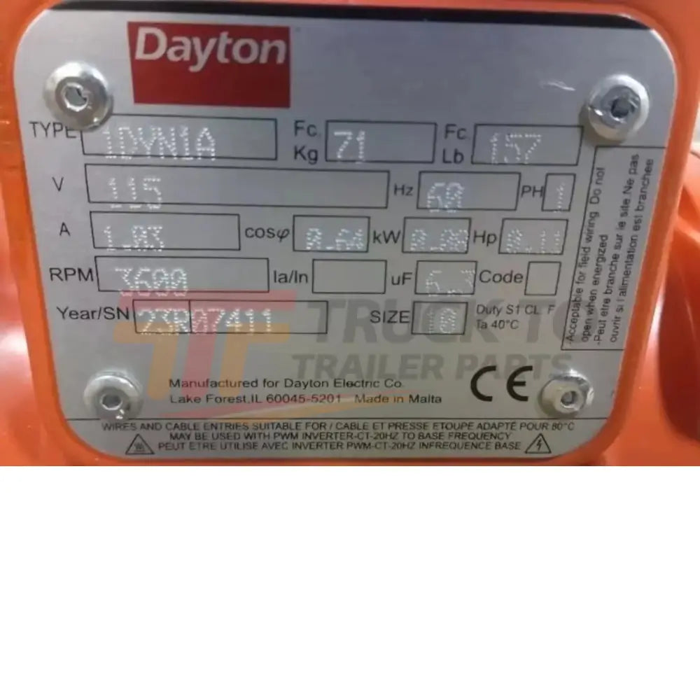 1DYN1 Dayton Electric Vibrator 11/100 HP 3600 VPM Force Rating 115VAC - Truck To Trailer
