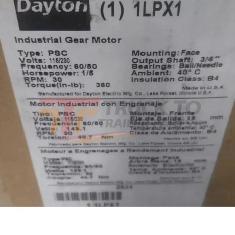 1LPX1 Dayton Max Torque AC Gearmotor 0.2 Input HP 30 RPM 115/230VAC - Truck To Trailer