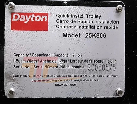 25K806 Dayton Load Cap Quick-Install Trolley 3 to 8 In Beam Flange W 4,000 Lb - Truck To Trailer