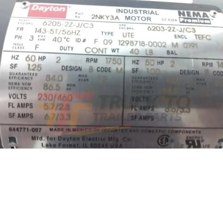 2NKY3A Dayton General Purpose Motor 2 HP 1750 RPM 230/460VAC 3-Phase - Truck To Trailer