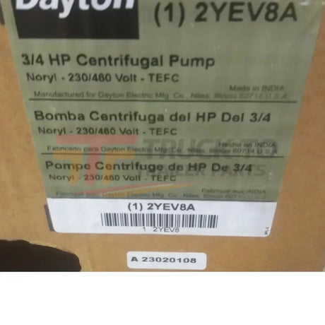 2YEV8A Dayton Head Centrifugal Pump 3/4 HP 208-230/460VAC 72 Ft Max - Truck To Trailer