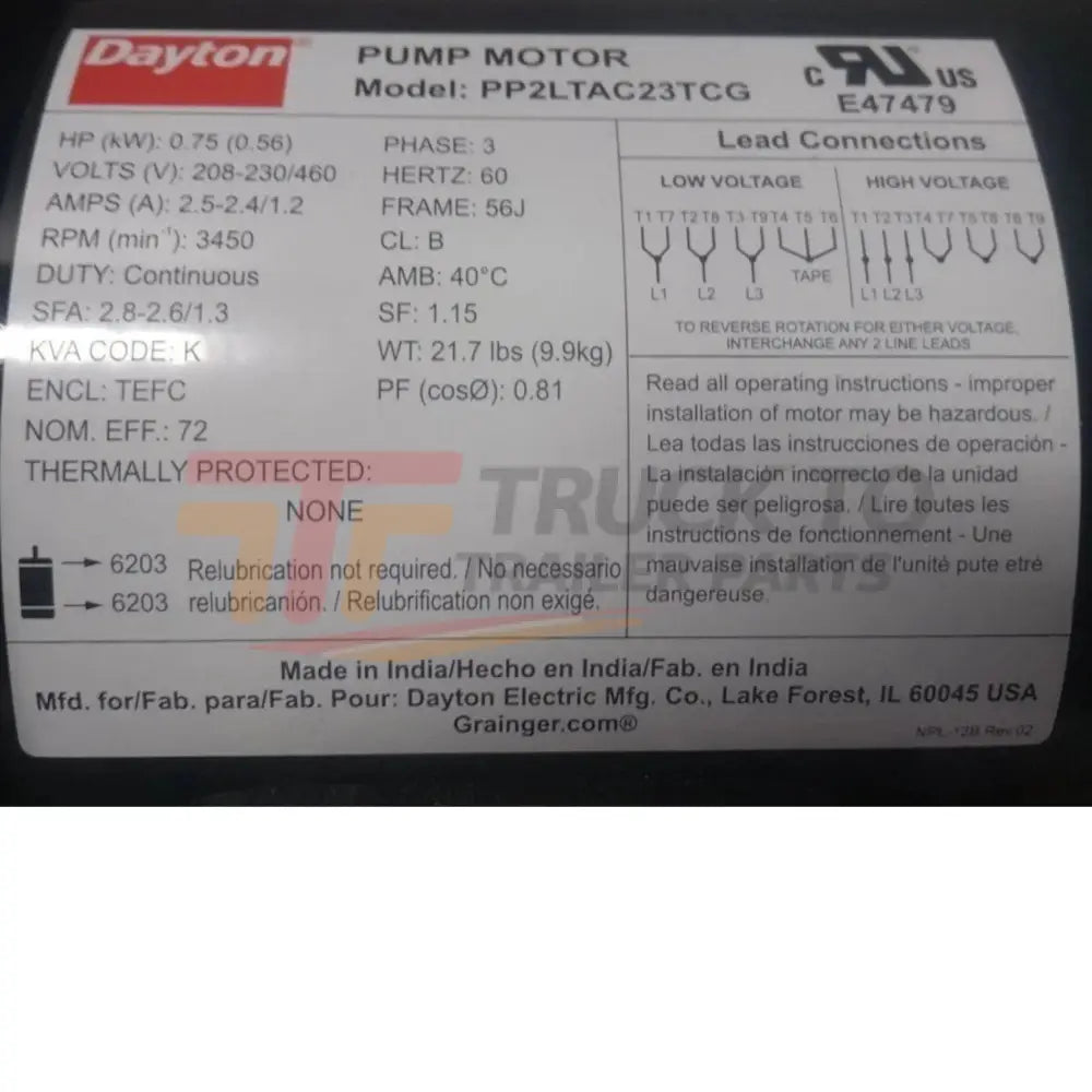2YEV8A Dayton Head Centrifugal Pump 3/4 HP 208-230/460VAC 72 Ft Max - Truck To Trailer
