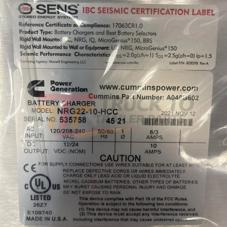 300-5878-01 Cummins 10A 12V/24V Stand Alone Battery Charger - CumminsM500