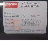 4FDY9 Dayton AC Gearmotor 1/3 Input HP 45 RPM 115VAC Split-Phase - Truck To Trailer