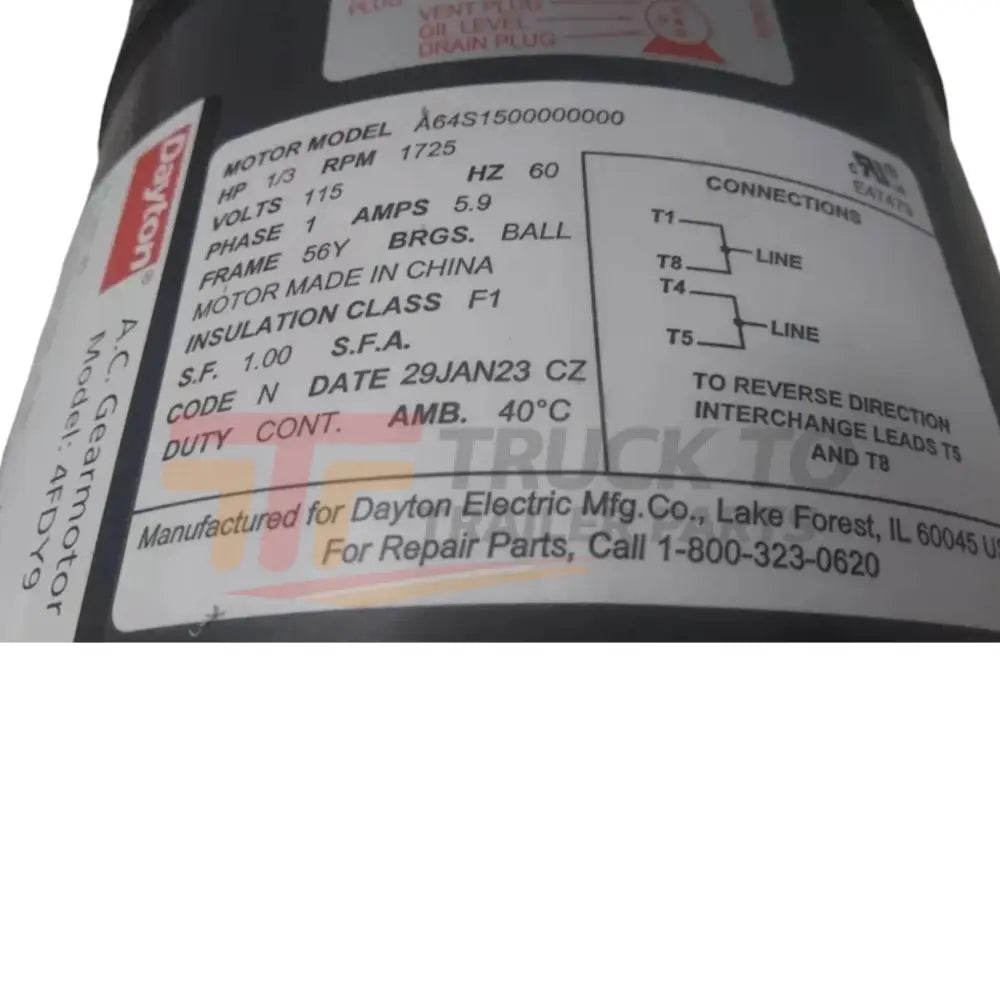 4FDY9 Dayton AC Gearmotor 1/3 Input HP 45 RPM 115VAC Split-Phase - Truck To Trailer