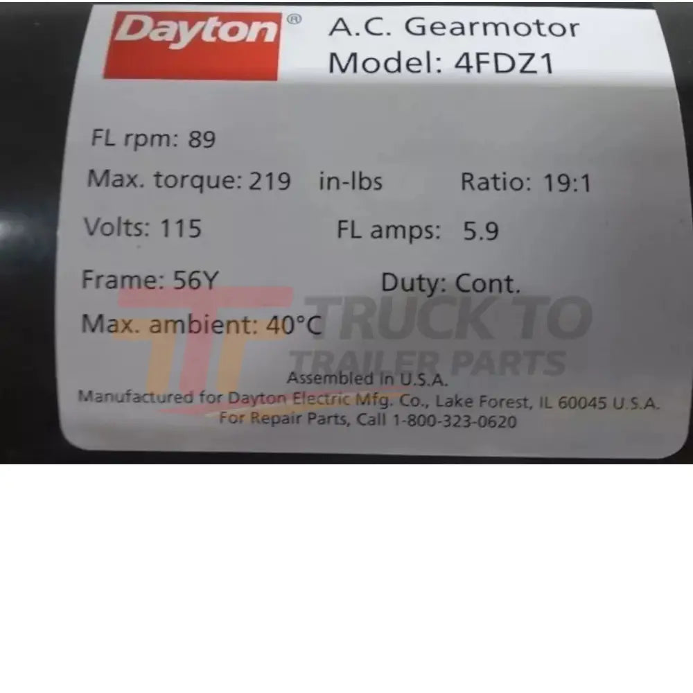 4FDZ1 Dayton AC Gearmotor - Truck To Trailer