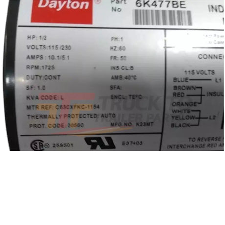 6K477BE Dayton Cap-Start General Purpose Motor 1/2 HP 1725 RPM 115/230VAC - Truck To Trailer