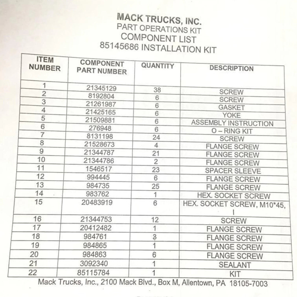 85145686 Genuine Volvo Installation Kit - Truck To Trailer