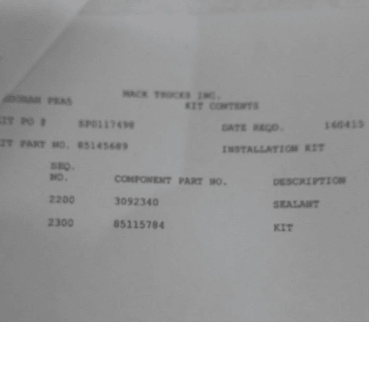 85145689 Genuine Volvo Installation Kit - Truck To Trailer