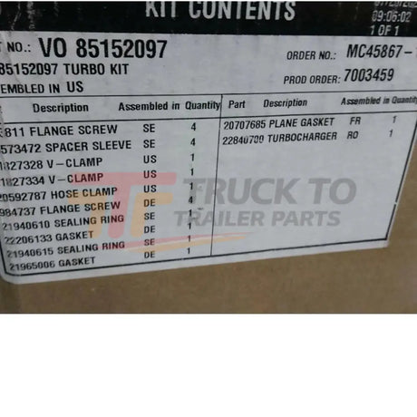 85152097 Genuine Mack Turbo Kit - Truck To Trailer