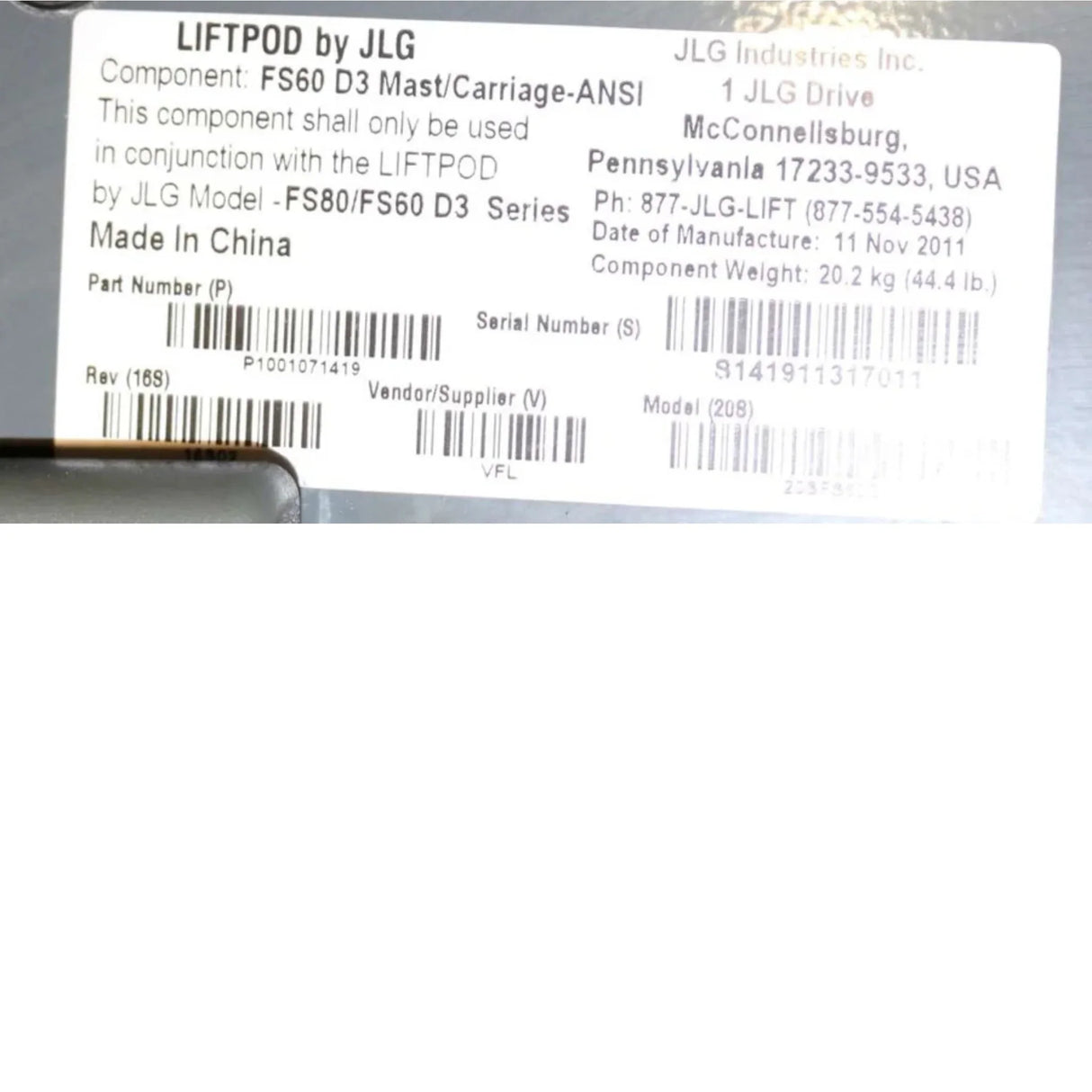 1001071419 JLG Assy Fs60 Mast/Carriage - Truck To Trailer