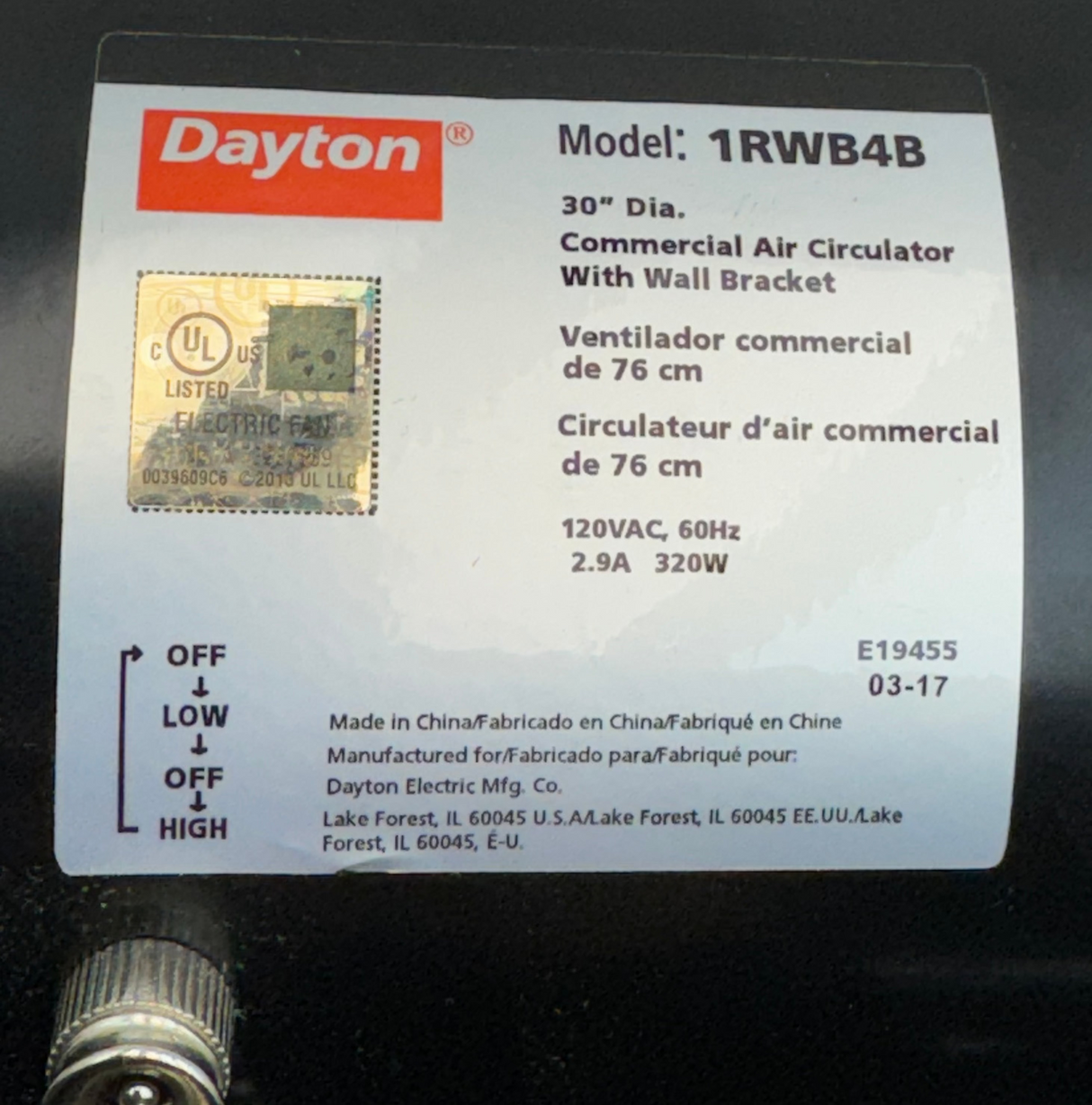 1RWB4B Dayton Commercial Air Circulator Motor 120V