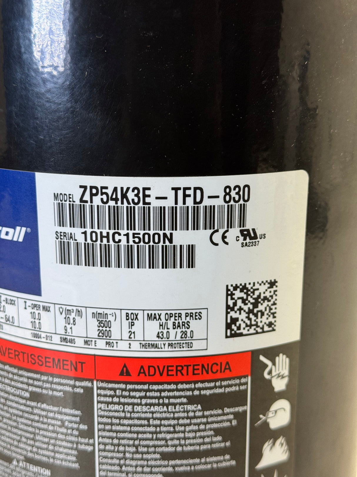 ZP54K3ETFD830 Copeland Scroll Compressor 460V