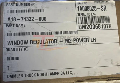 A18-74332-000 Genuine Freightliner Left Side Window Regulator Electric Assembly - Truck To Trailer