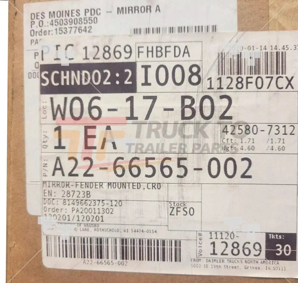 A2266565002 Genuine Freightliner Chrome Hood Mount Mirror Lh - Truck To Trailer