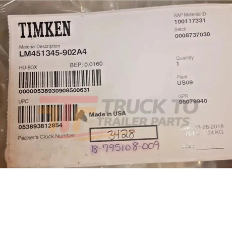 LM451345-902A4 Genuine Timken Tapered Roller Bearing Assembly - Truck To Trailer