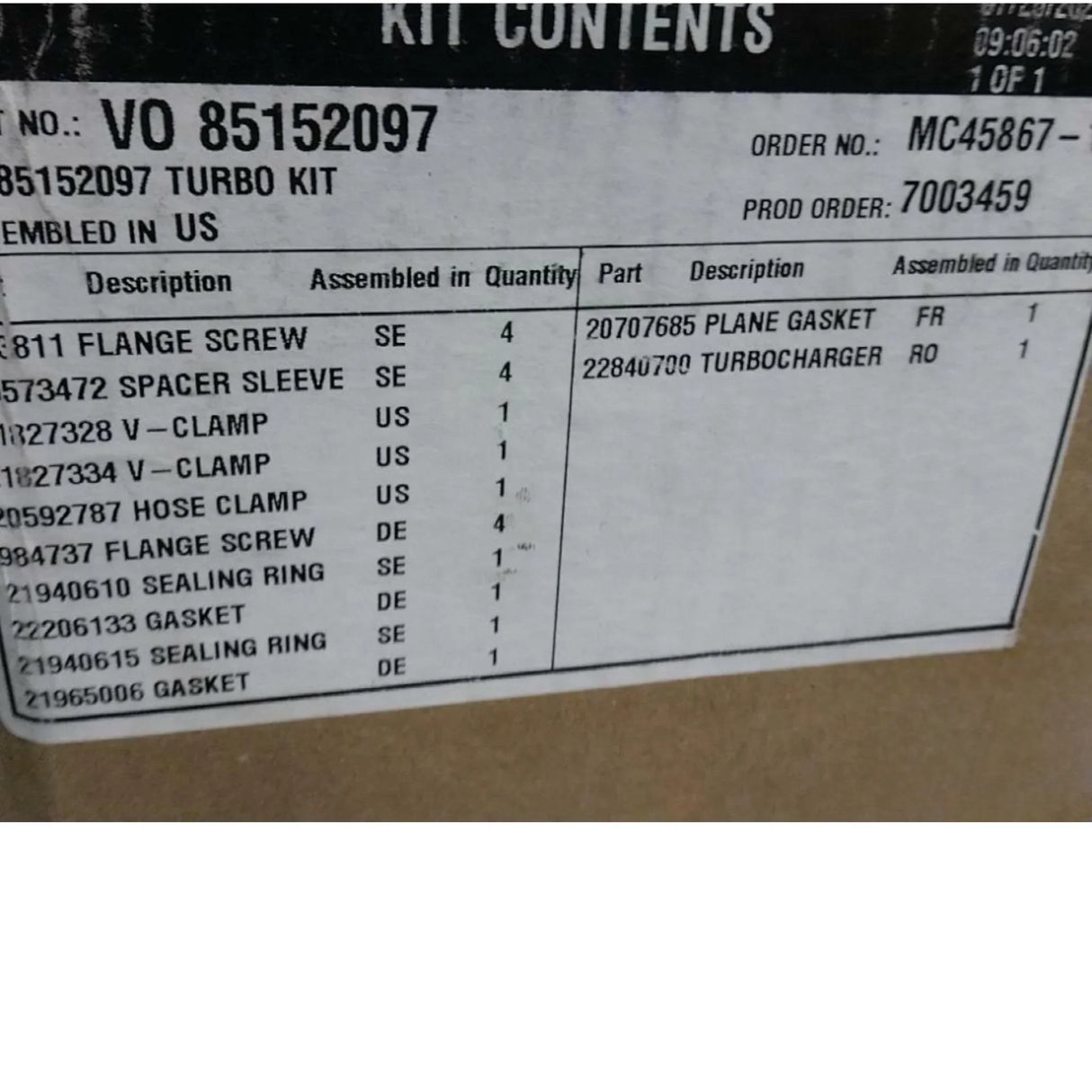 85152097 Genuine Mack Turbo Kit - Truck To Trailer