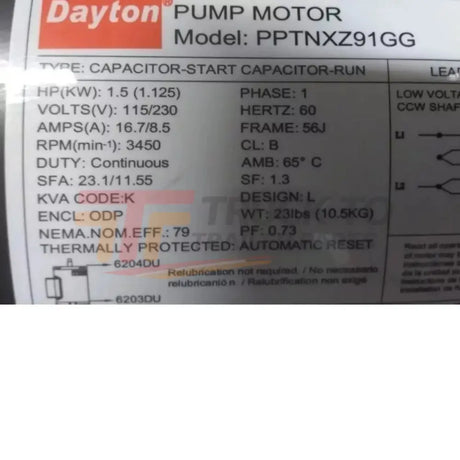 PPTNXZ91G Dayton Single Phase Replacement Motor 1.5 HP 3450 RPM 115/230V - Truck To Trailer