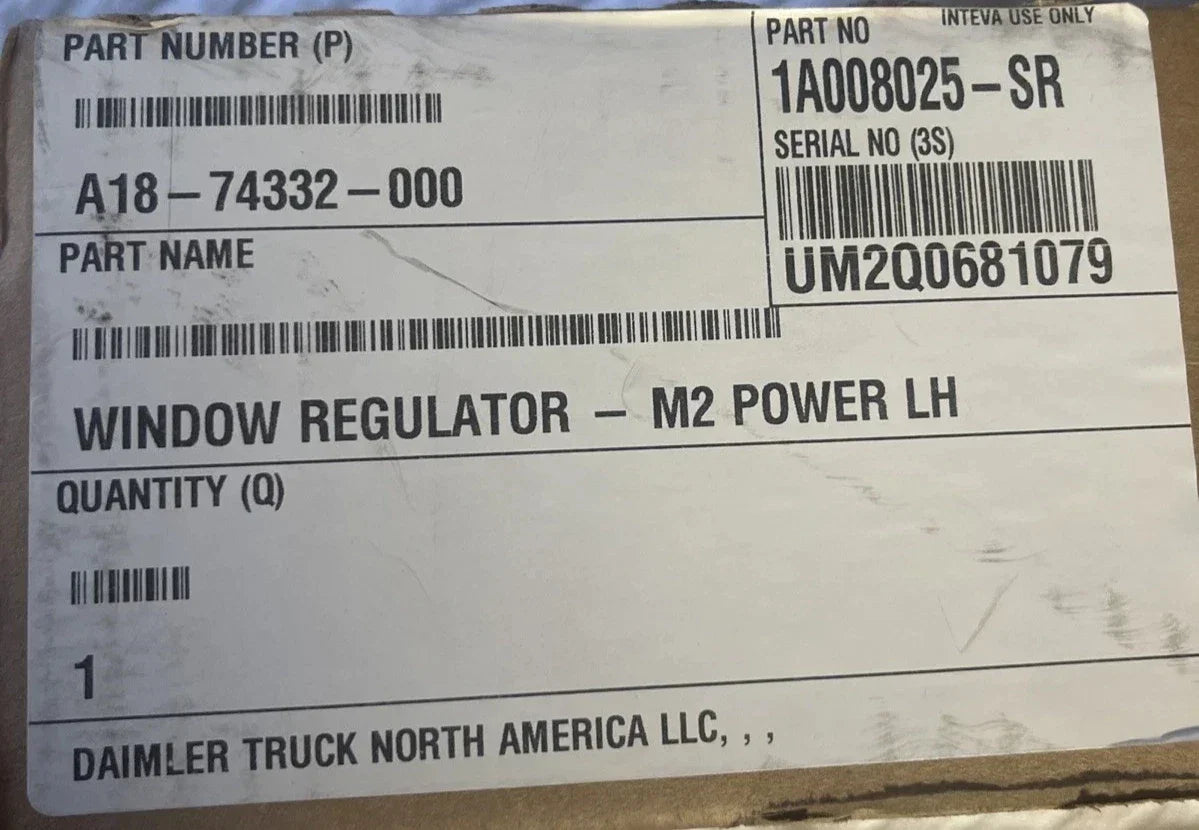 A18-74332-000 Genuine Freightliner Left Side Window Regulator Electric Assembly - Truck To Trailer