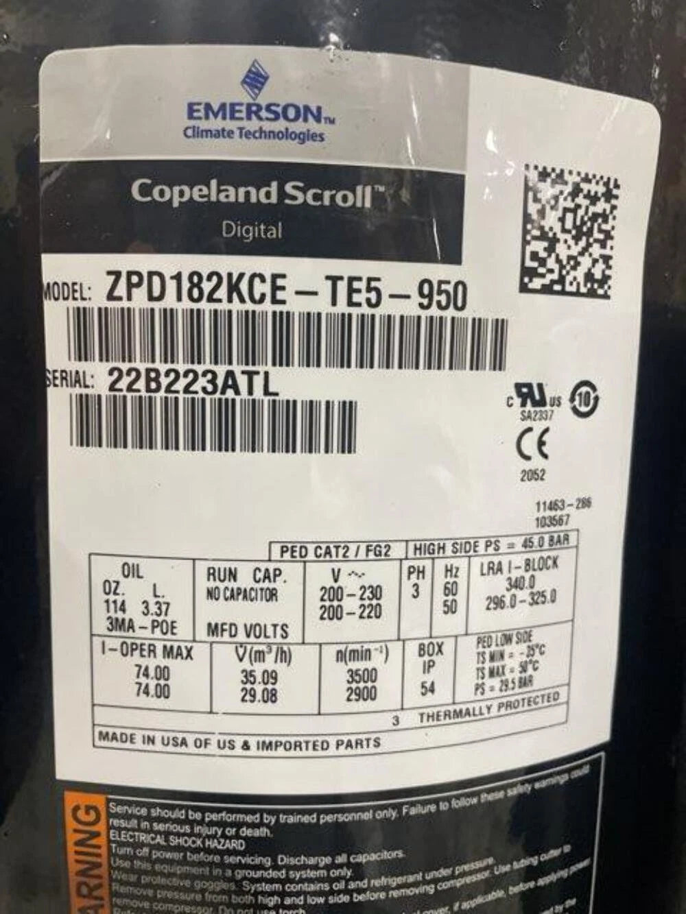 ZPD182KCE-TE5-950 Genuine Copeland Scroll Compressor