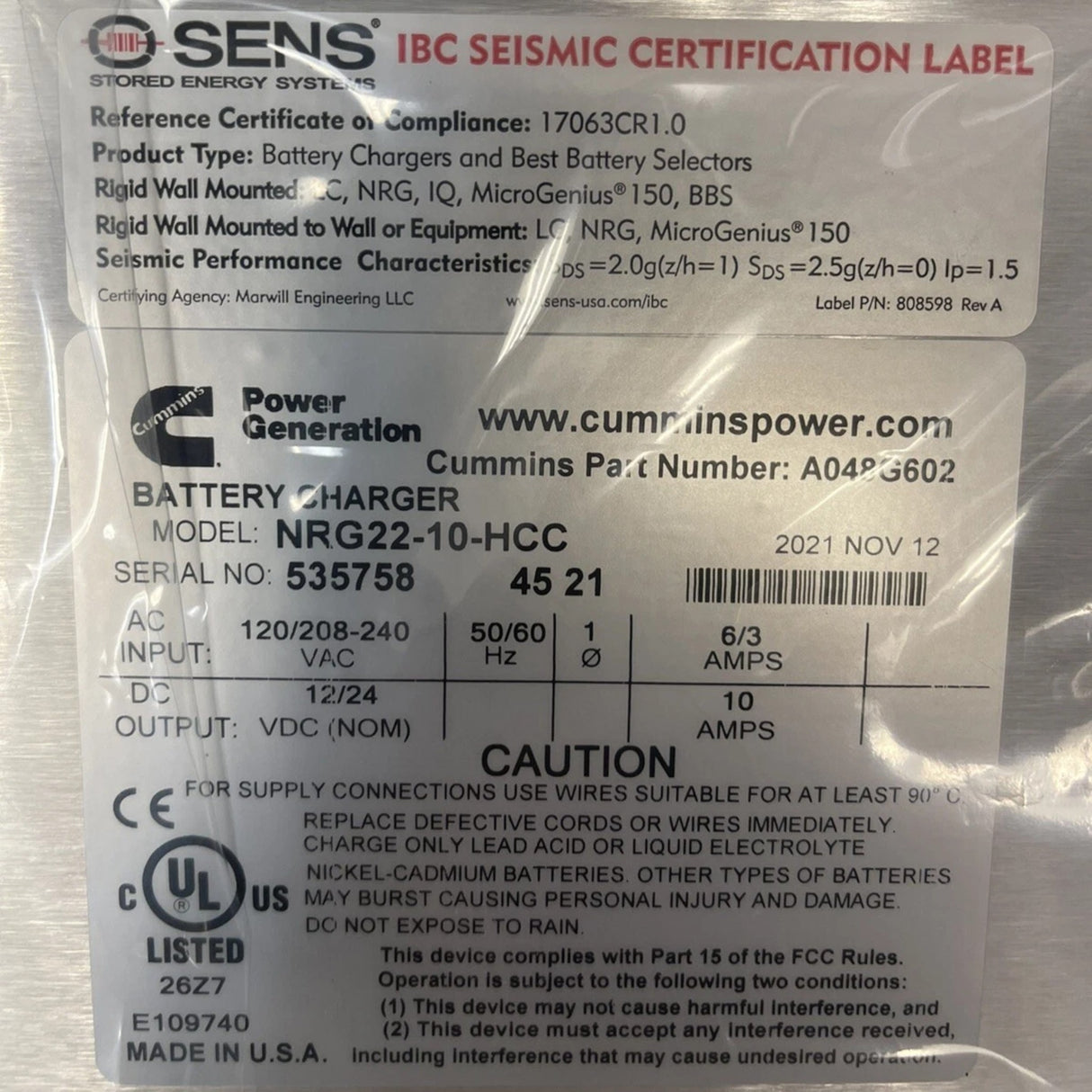 300587801 Cummins 10A 12V/24V Stand Alone Battery Charger