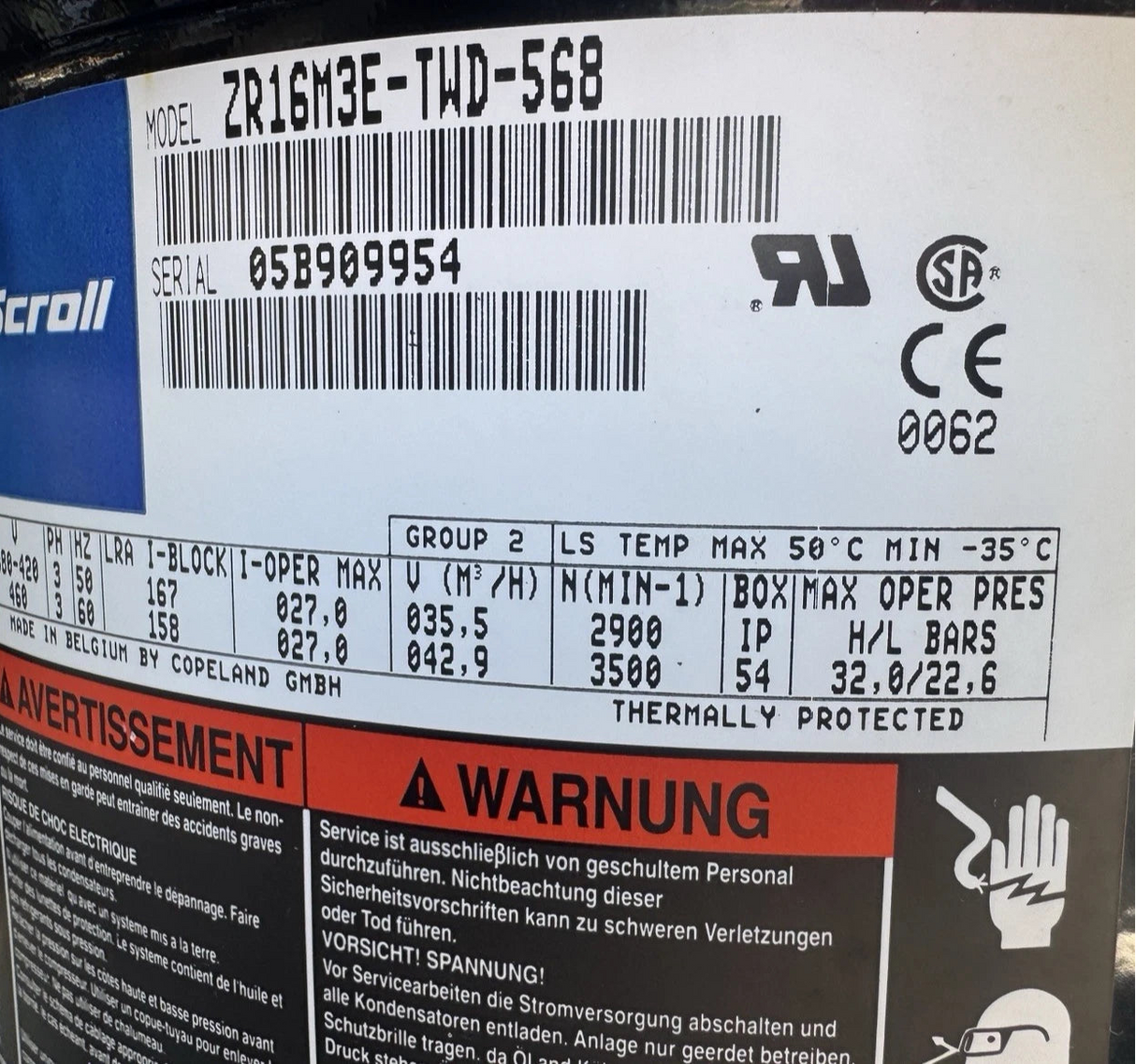ZR16M3-TWD-568 Genuine Copeland Scroll Compressor