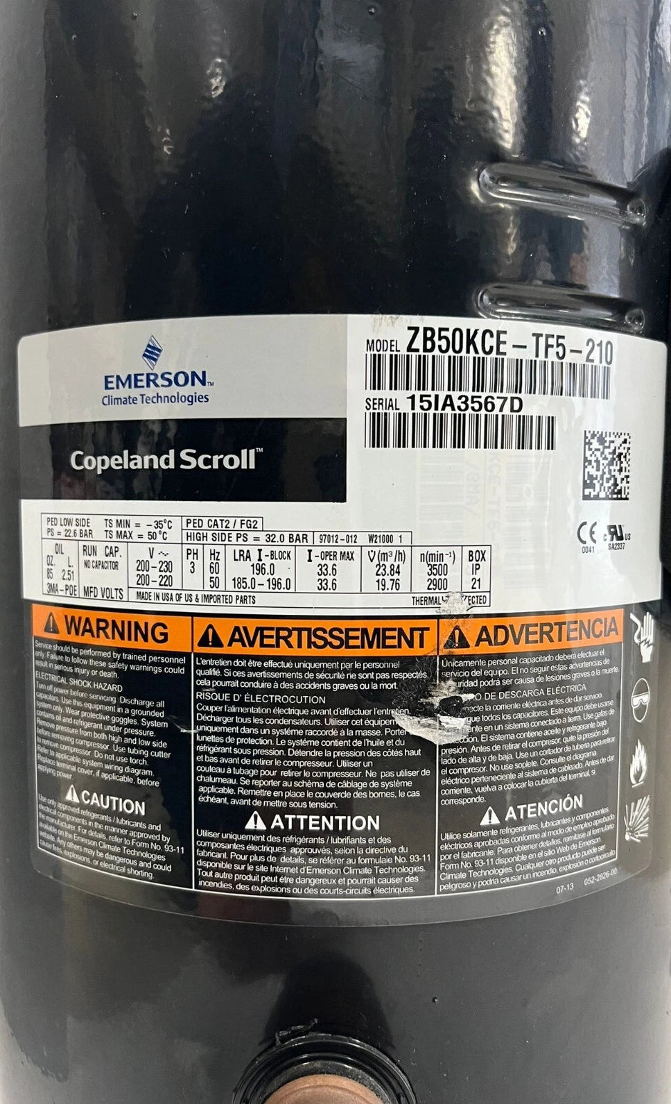 ZB50KCE-TF5-210 Genuine Copeland Copeland Compressor
