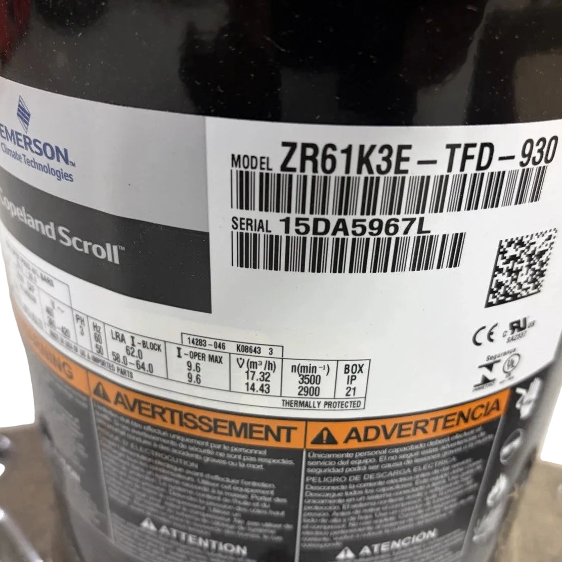 ZR61K3E-TFD-930  Genuine Copeland Scroll Compressor