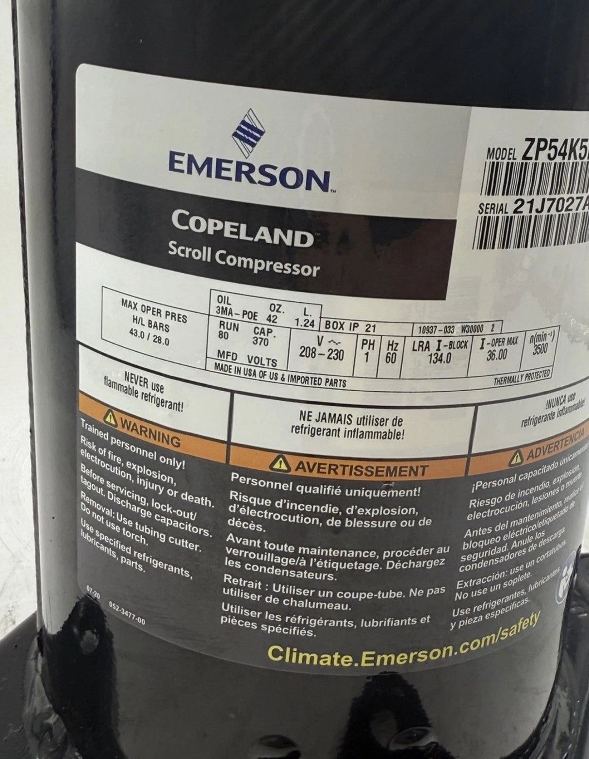 ZP54K5E-PFV-130 Genuine Copeland Scroll Compressor