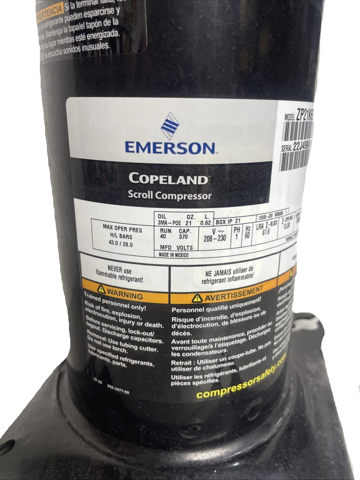 ZP21K6E-PFV-130 Copeland Scroll Compressor 208-230V