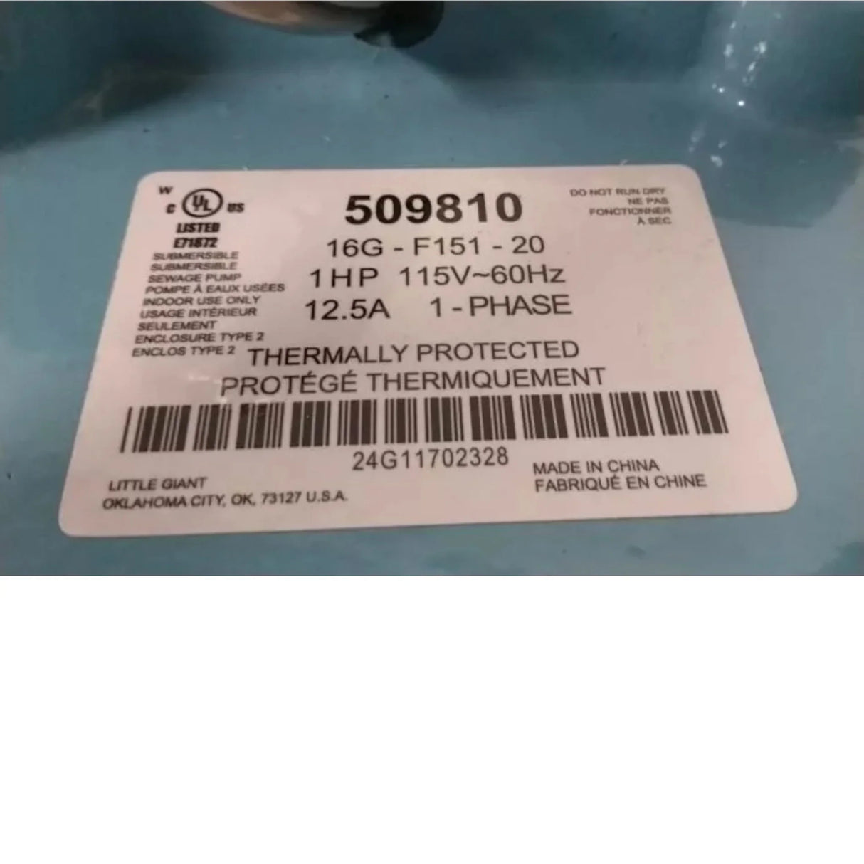 509810 Little Giant Head Cast Iron Body Grinder Pump 1 HP 115VAC 51 Ft Max - Truck To Trailer