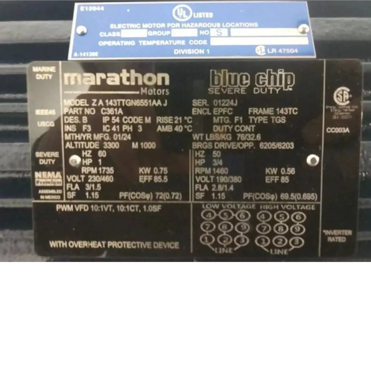 143TTGN6551 Marathon Motors Hazardous Location Motor 1 HP 1735 RPM 208-230/460V - Truck To Trailer