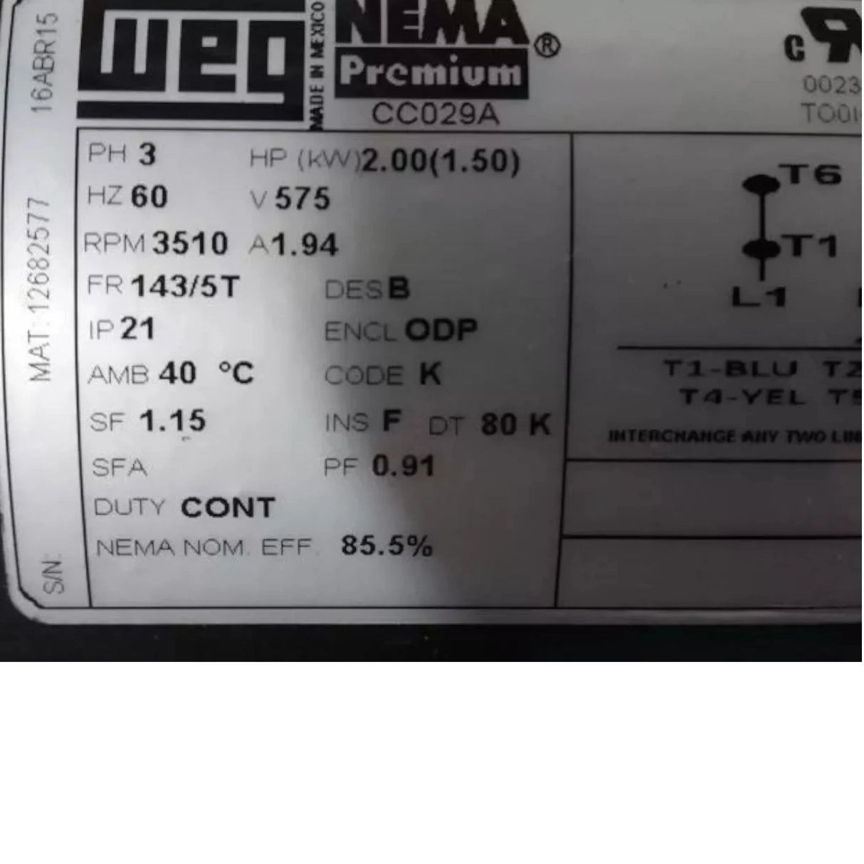 00236OT3H145T-S Weg General Purpose Motor 2 HP 3510 RPM 575VAC 3-Phase - Truck To Trailer