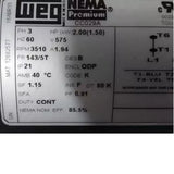 00236OT3H145T-S Weg General Purpose Motor 2 HP 3510 RPM 575VAC 3-Phase - Truck To Trailer