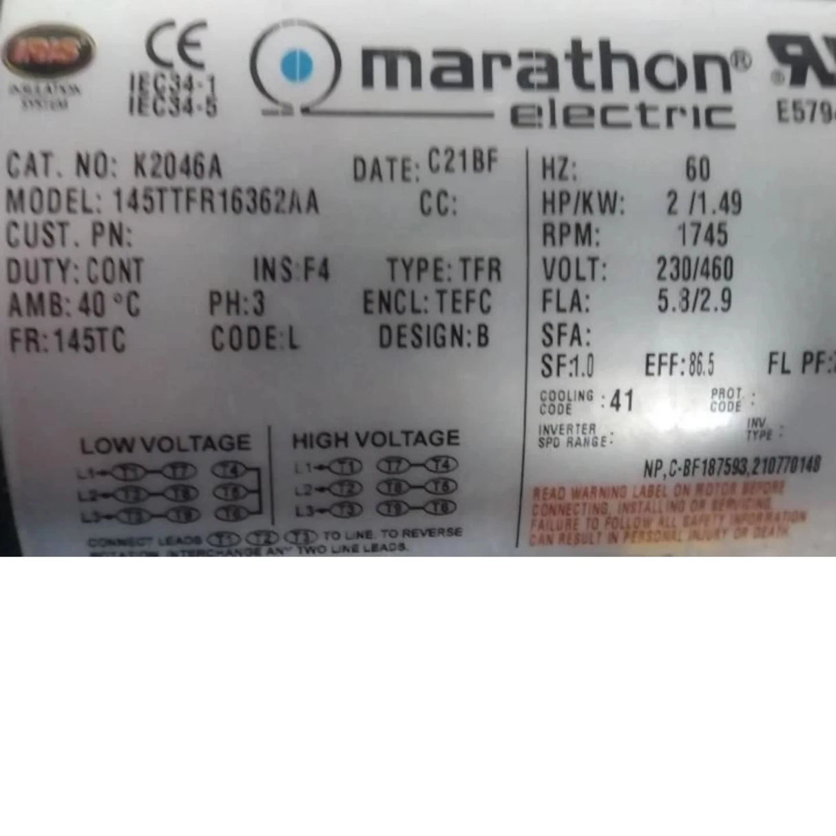 145TTFR16362 Marathon Motors Brake Motor 2 HP 1745 RPM 230/460VAC 3-Phase - Truck To Trailer